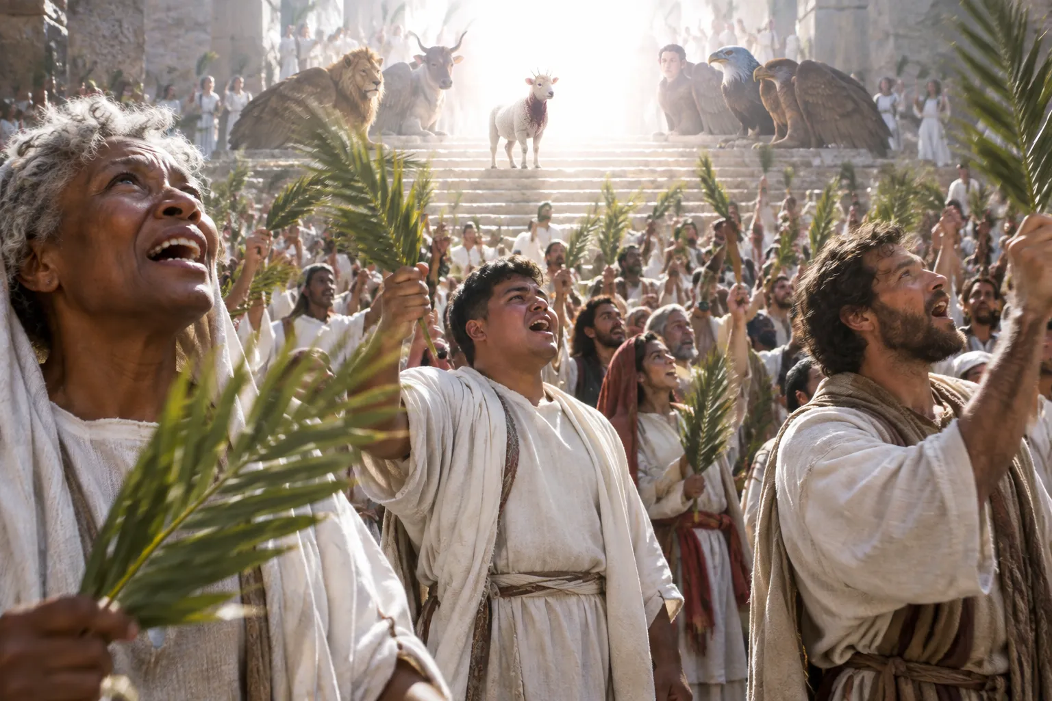 The multitude before the throne and the Lamb (Revelation 7:9–10)