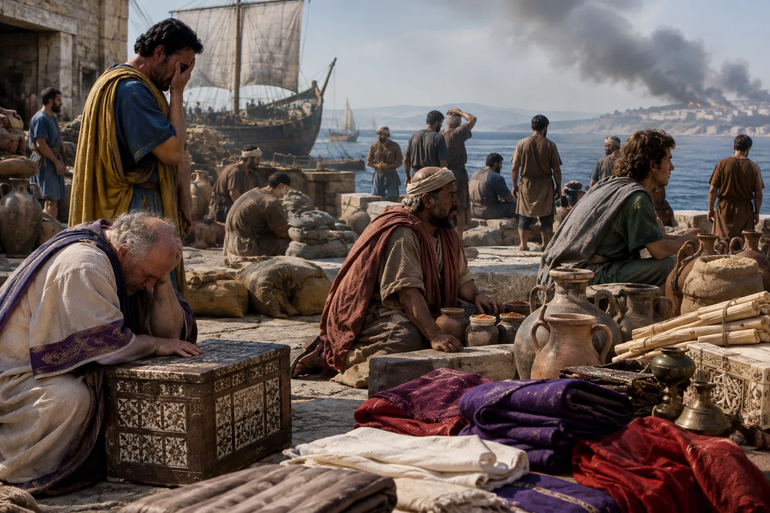 The merchants mourn their lost trade (Revelation 18:11–16)
