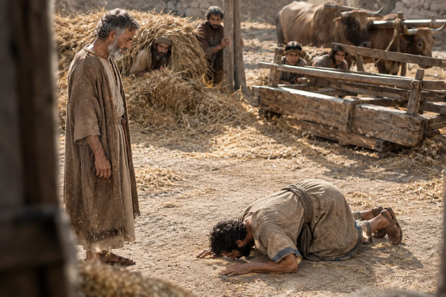 Ornan bows before David (1 Chronicles 21:20–21)