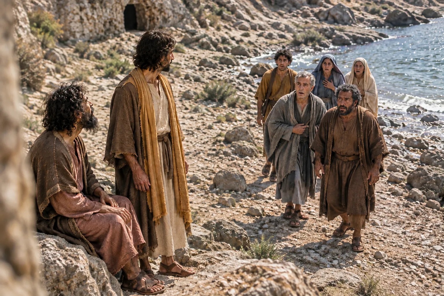 The restored man sits before the fearful townspeople (Mark 5:14–17)
